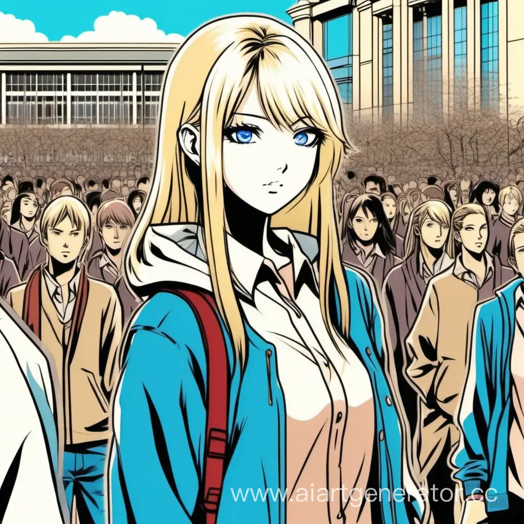 блондинка девушка с голубыми глазами стоит перед университетом в толпе студентов в стиле японской манги