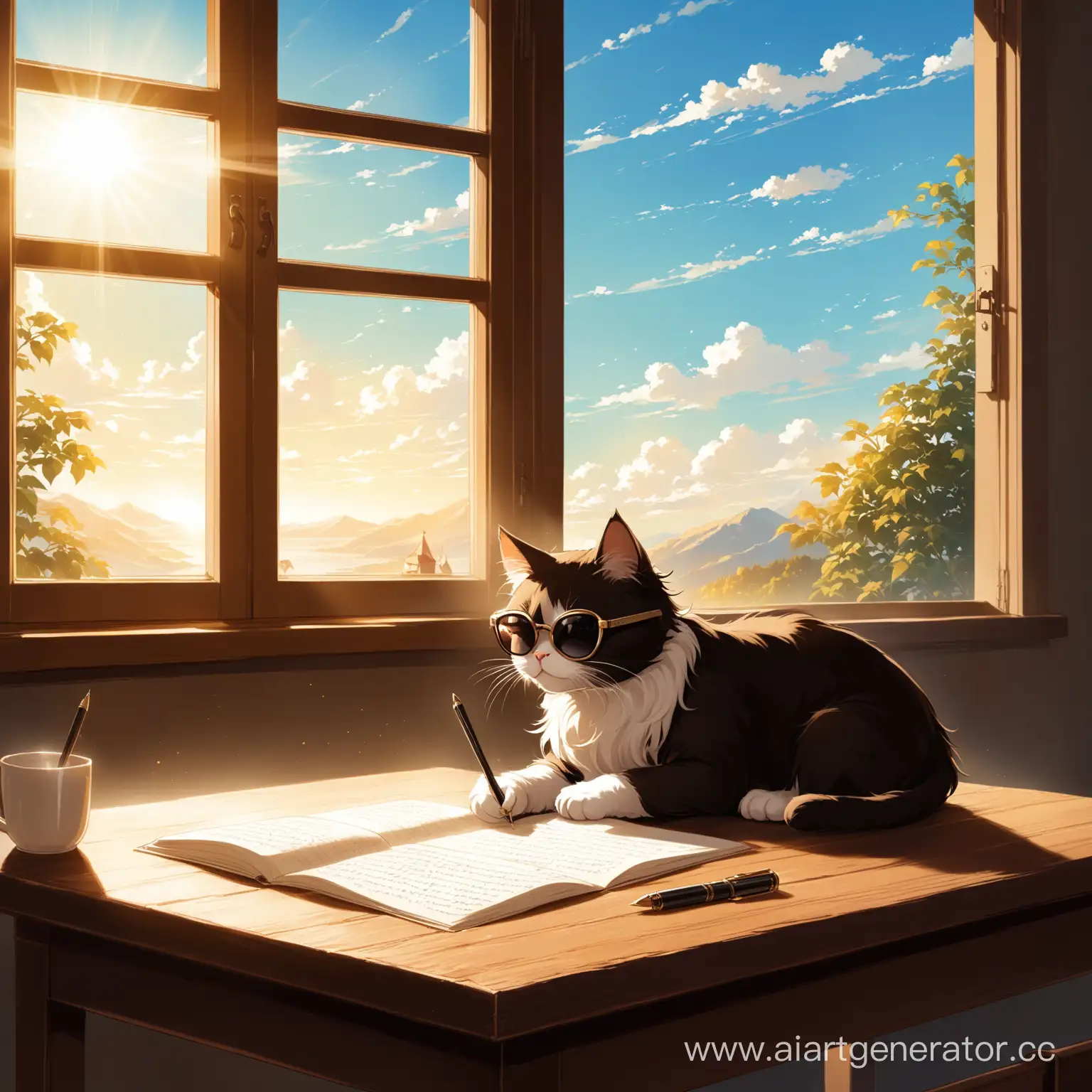 кот рыжий породистый, пишет слово Евгений, в тёмных очках, солнечный свет, стол, окно с видом в небо, 