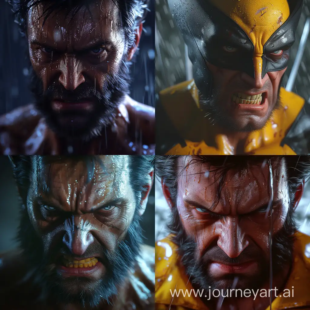 close up angry logan wolverine superhero , damp and dark atmosphere, 50mm lens, high contrast lighting, 8K ultra HD, dramatic, detailed textures on skin and clothing, realistic ambient occlusion, raytracing for atmospheric effects.