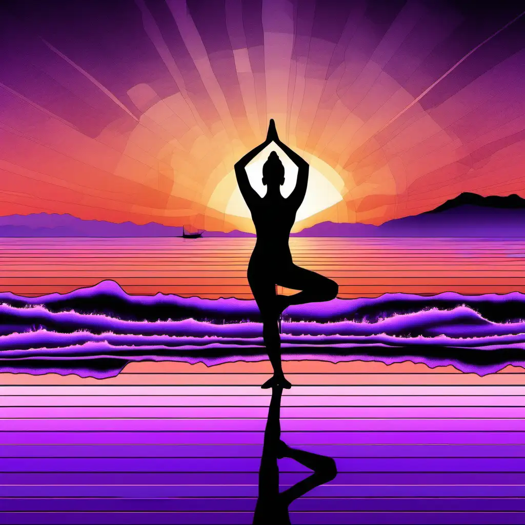 Tranquil Sunset Yoga Woman in Namaste Pose by Reflective Sea