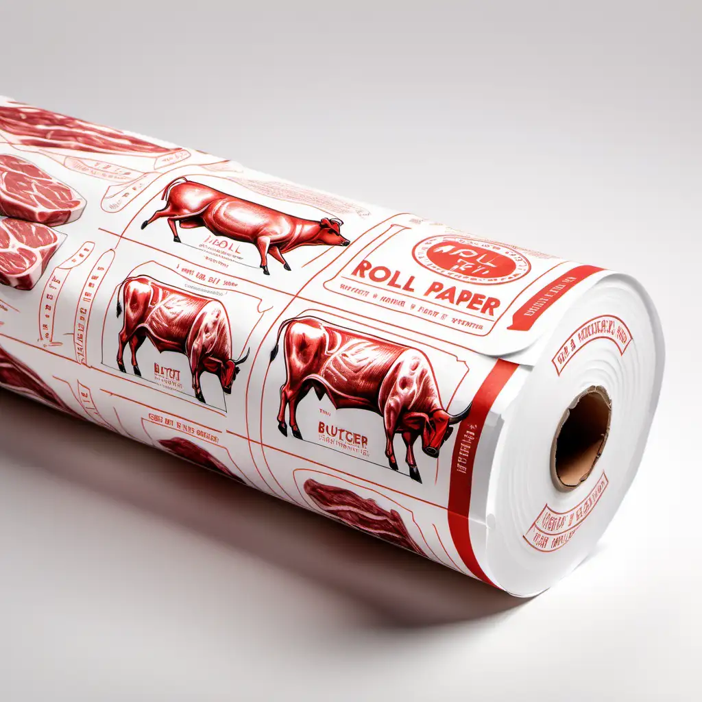 rouleau emballage papier pour viande fond blanc avec des dessins dessus en lien avec le domaine de la boucherie
