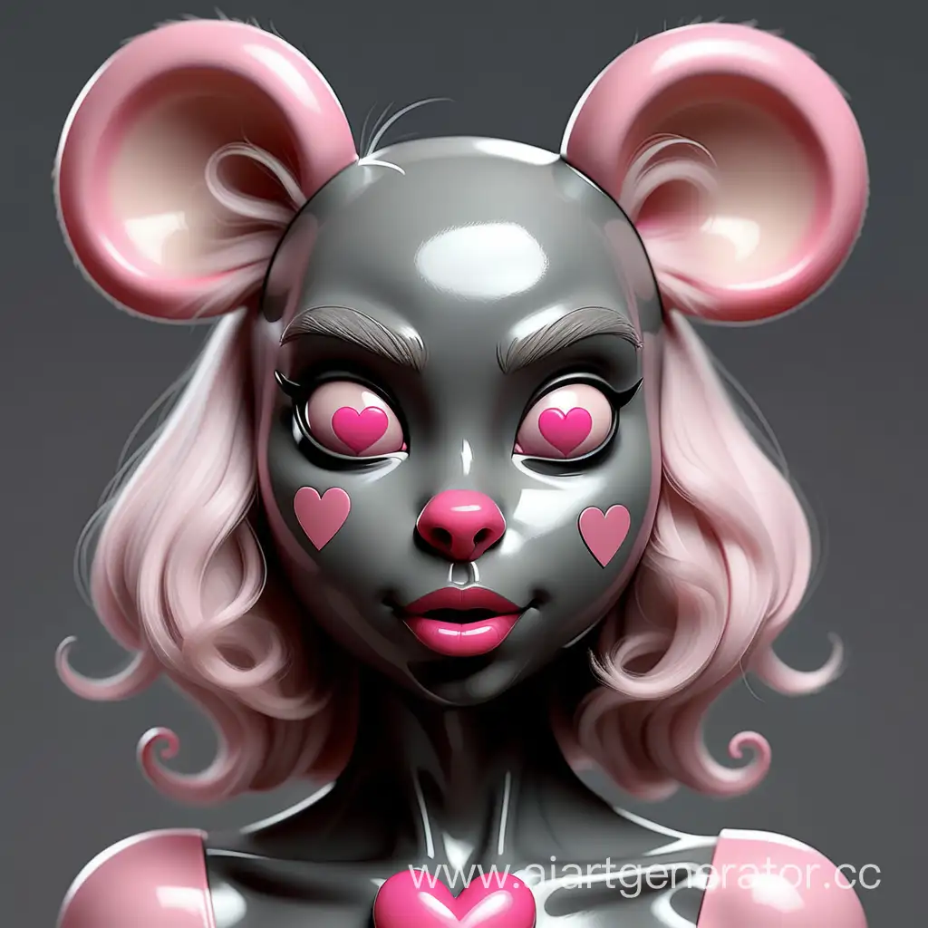 Латексная девушка с мордочкой мышки фурри вместо лица с глянцевой серой кожей и розовым носиком сердечком