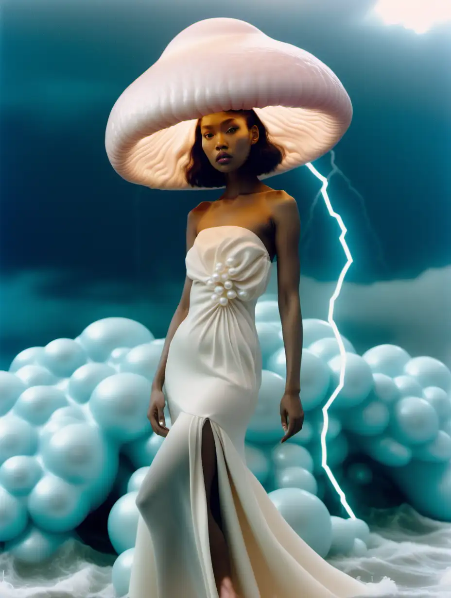 asian-black woman model wearing jacquemus sculptural mushroom pearl gown, 3d surreal glowing lightning ocean background, misty atmosphere, soft color palette, kodak film, 35mm