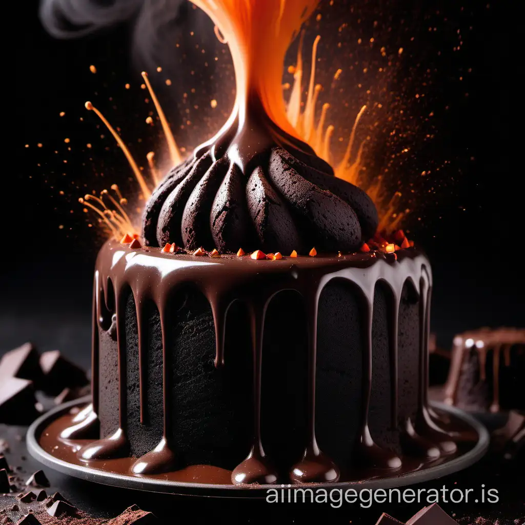A spectacular eruption of a lava cake, which has been carefully crafted and baked to perfection. The cake, which is usually a rich and moist chocolate dessert, is seen exploding in a dramatic display of molten chocolate and gooey chocolate ganache. The frosting on top of the cake has also melted, adding to the messy yet visually stunning effect. Surrounding the erupting lava cake are plumes of dark smoke, rising upward in a billowing cloud, giving the impression that the cake has been set ablaze. The explosion of the lava cake sends chocolate shrapnel flying through the air, splattering against the surrounding surfaces and creating a sticky mess. The brightness of the molten chocolate contrasts sharply with the darkness of the smoke, creating a dramatic visual effect that draws the viewer's attention to the center of the image. The scene is illuminated by a warm, golden light, which casts a dramatic glow on the chocolate and adds to the overall sense of drama and excitement. The background is blurred, making the focus of the image solely on the erupting lava cake and its surrounding splatter zone.