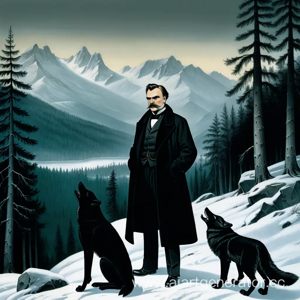 Фридрих Ницше, со скулами, в чёрном пальто и перчатках, стоит рядом с чёрным волком, на фоне хвойного леса и гор.