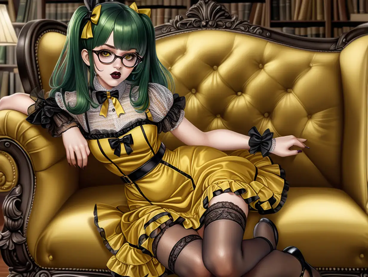 Sultry Anime Woman in Chic Yellow Silk Attire Relaxing in a Stylish Study