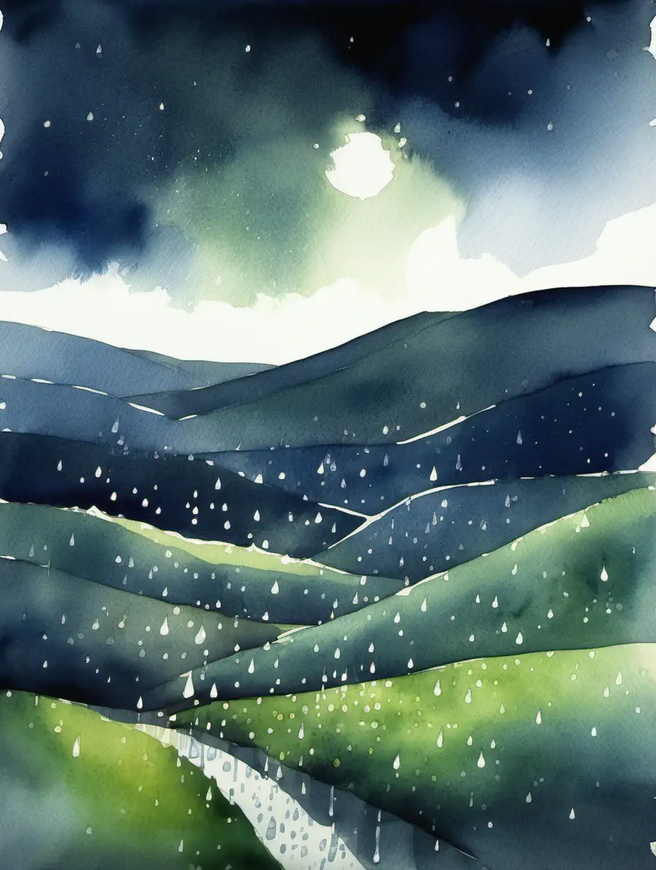 watercolor painting of hills at night with rainfall