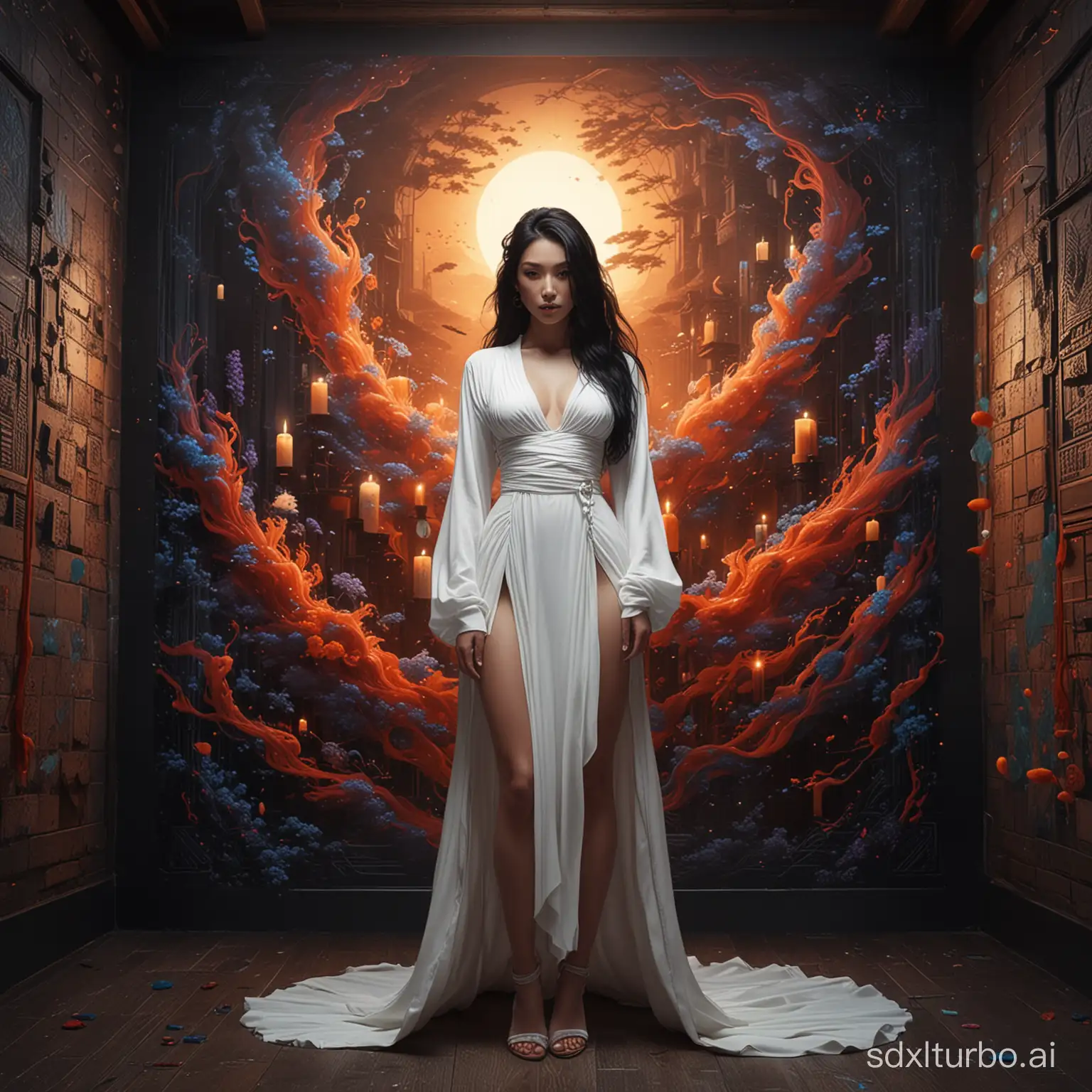 A captivating, futuristic portrait of a powerful female warrior, adorned. open chest and big ass showing, Her long, black hair flows like a fiery explosion of colors, with strands swirling around her. She wears a short, white dress, accentuating her sleek and sophisticated silhouette. The dimly lit room is adorned with candles, casting warm and soft shadows on the walls that create an air of mystery and elegance. Her intense gaze captivates viewers, while the vibrant background features a blend of conceptual art, wildlife photography, painting, and illustration. The overall ambiance is dark fantasy, with a touch of anime and 3D render, creating a striking and unforgettable image., product, typography, ukiyo-e, wildlife photography, 3d render, illustration, cinematic, graffiti, architecture, poster, painting, vibrant, fashion, conceptual art, portrait photography, anime, dark fantasy, photo