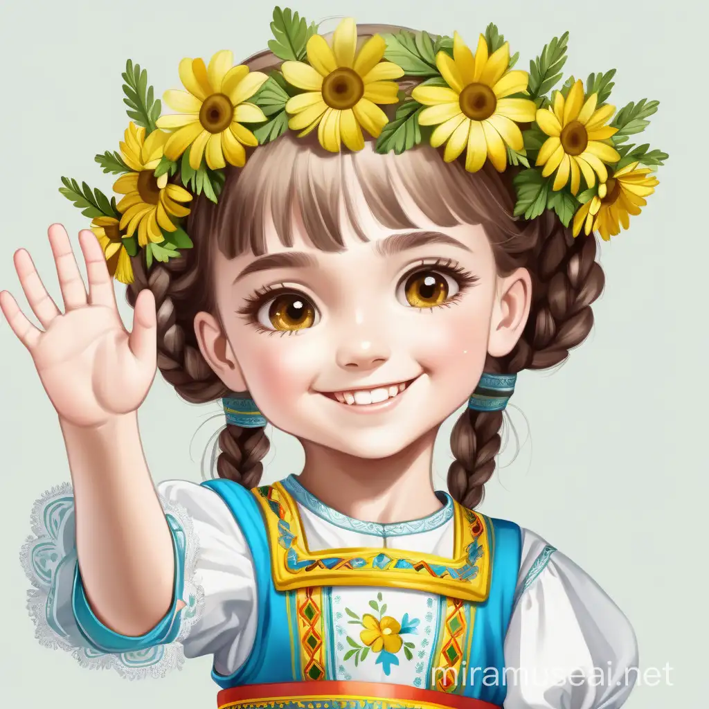 Adorable Little Girl in Ukrainian Traditional Costume with Yellow Flower Wreath Smiling and Waving