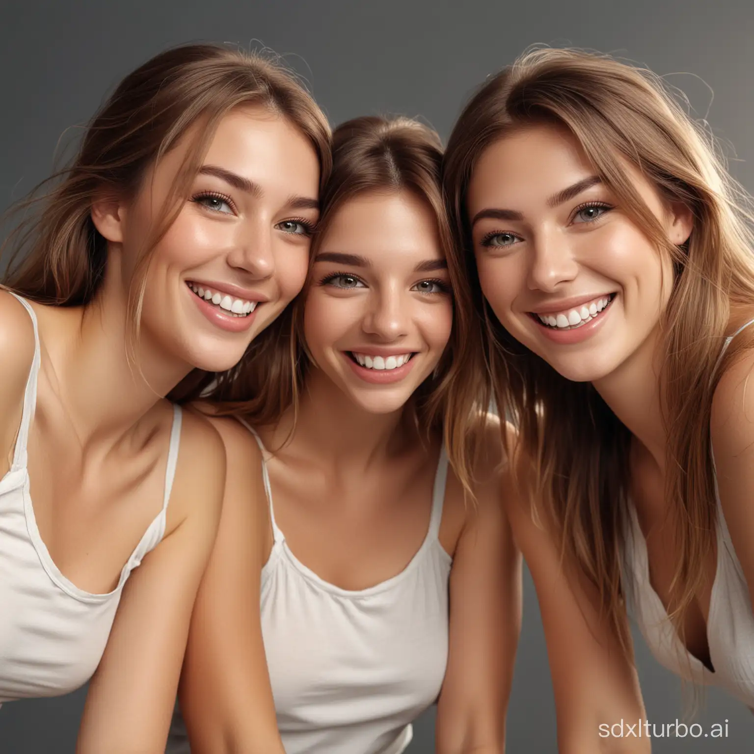  a group of stunning young women, watching in cam and watching down while smiling and laughing. photorealistic and sharp