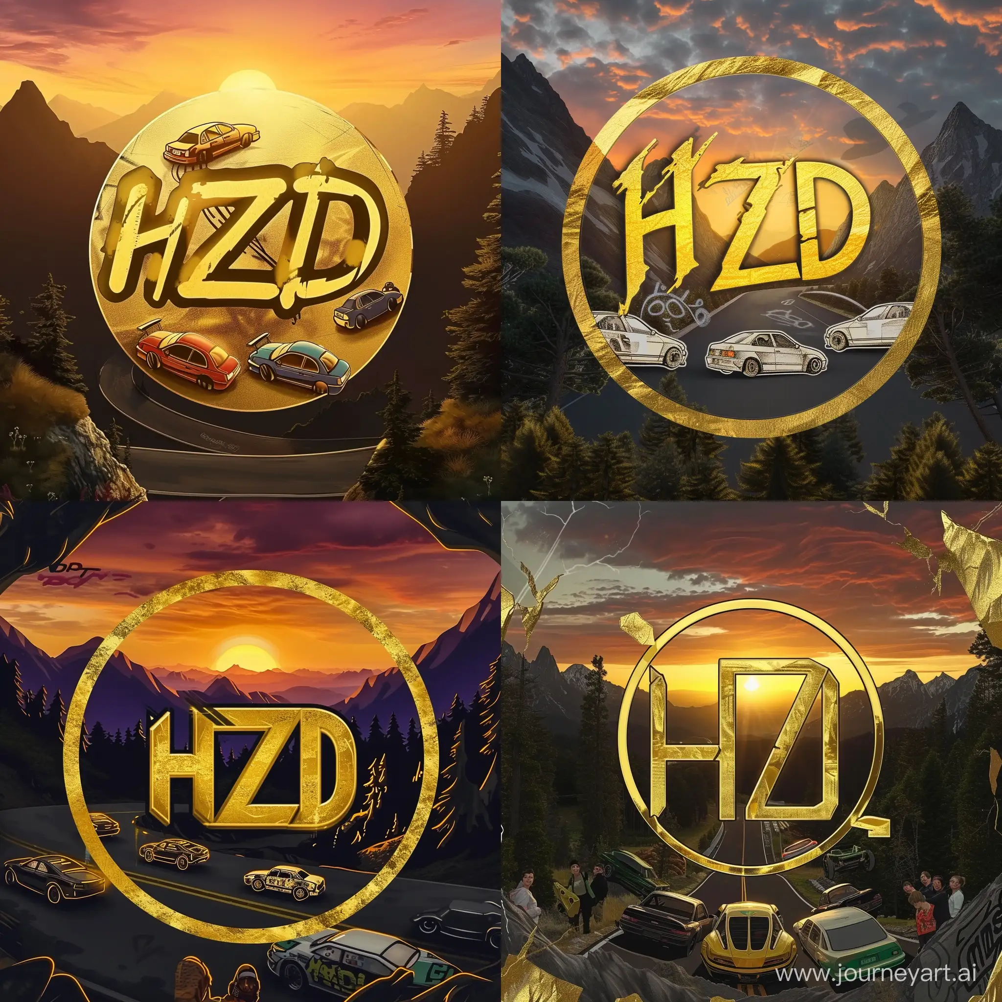 child draw style car downhill race logo in circle shape, sunset, some racing cars, some viewers around road, gold color, child style look, HZD tag, graffiti font, mountains with trees with road in backround