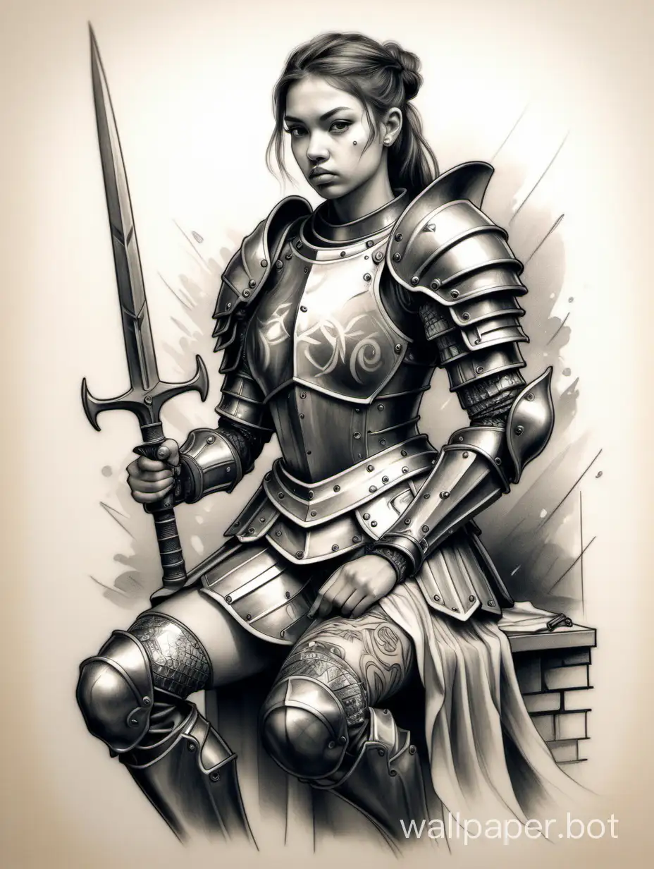 Irina Chashchina, sketch of a tattoo: a girl in armor sits with determination and hope, looking forward, holding a weapon.
