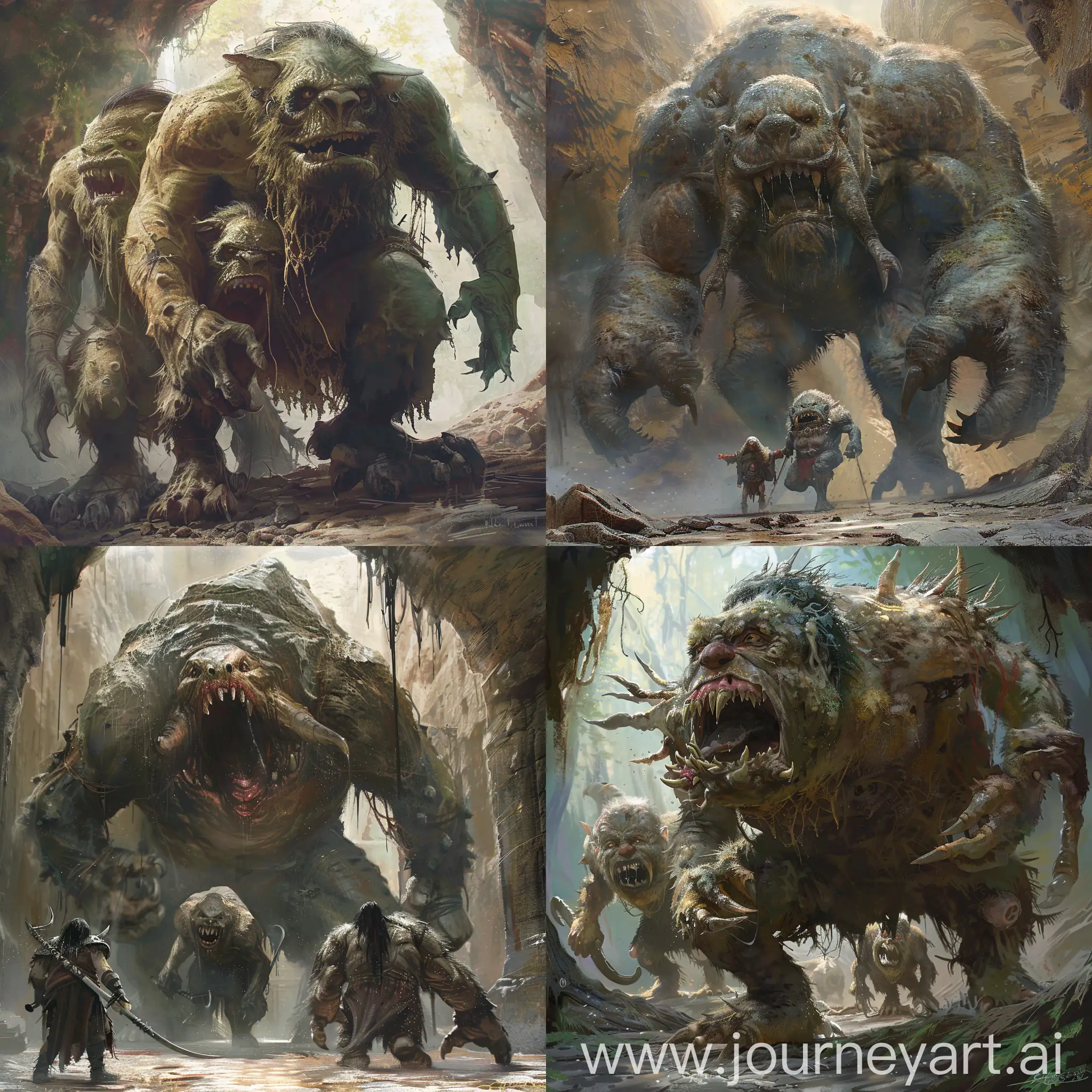 Extreme he realistic attention to detail concept art: Rick riordan Monster Trolls. Very detailed, 20k.