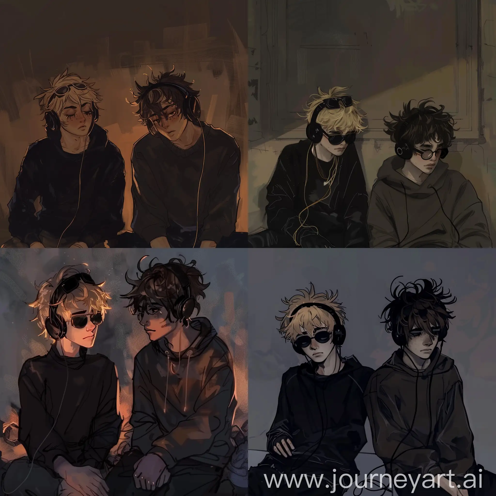 dark theme, two teenagers, drawing, two boys, night, the boy staying on the left is blonde wearing black outfit and with sunglasses on his forehead; the one on the right is wearing sweatshirt with dark brown messy hair and with headphones, animated drawing