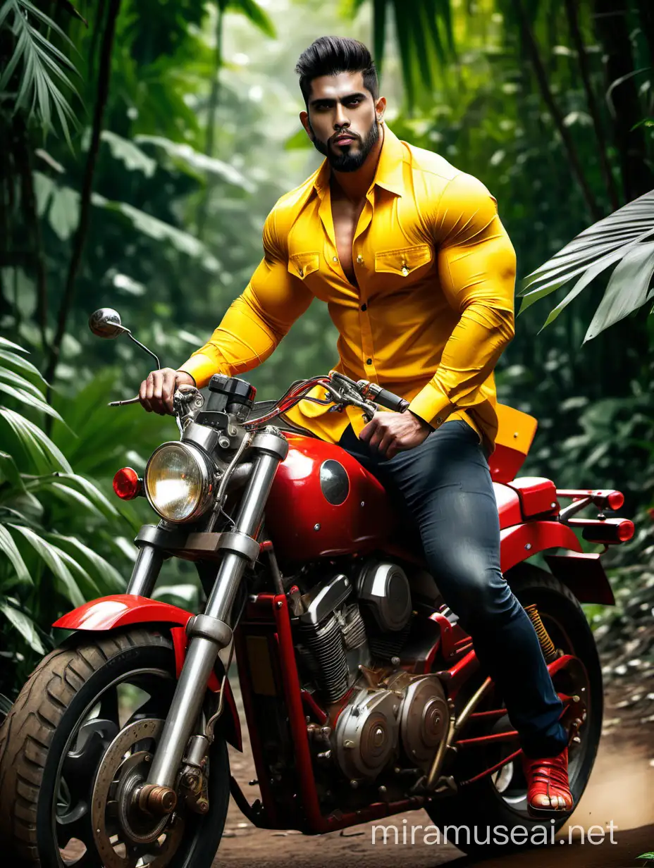 Big giant muscular build men wearing yellow and red contrast double pocket unbuttoned shirt on heavy motor bike in jungle