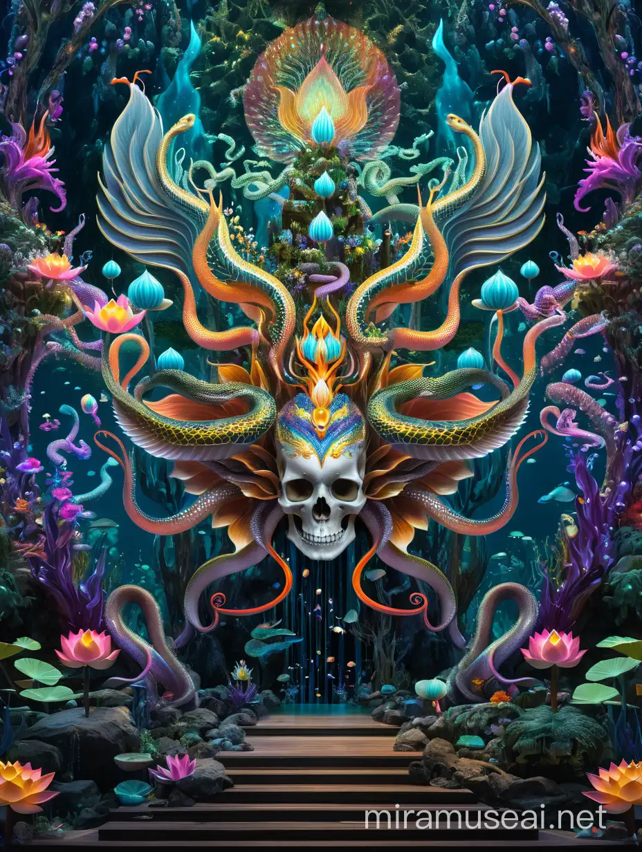 HyperDetailed Psychedelic Visionary Underwater Forest with Flying Kingdom and Mythical Creatures