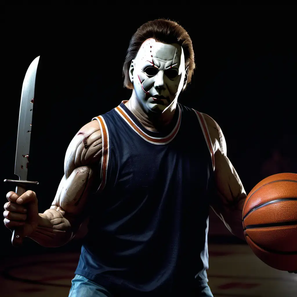 Intense Michael Myers Basketball Showdown with Knife Unforgettable Sports Art