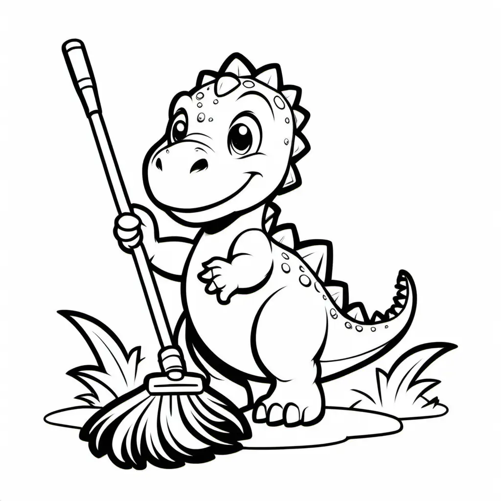 Baby dinosaur hold mop, Coloring Page, black and white, line art, white background, Simplicity, Ample White Space. The background of the coloring page is plain white to make it easy for young children to color within the lines. The outlines of all the subjects are easy to distinguish, making it simple for kids to color without too much difficulty