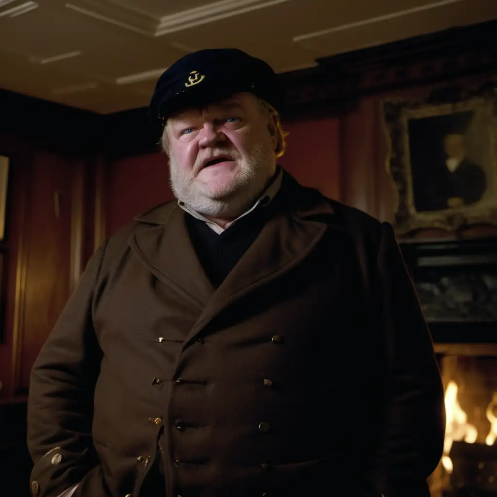 Actor Brendan Gleeson as Sailing Captain Brown sweater brown jacket black sailor hat by fireplace in dark lounge of large manor house low ceiling