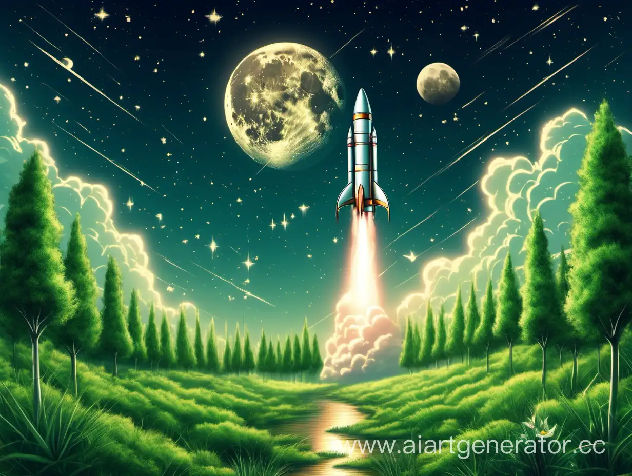 a rocket takes off to a small moon, beautiful nature, lots of greenery