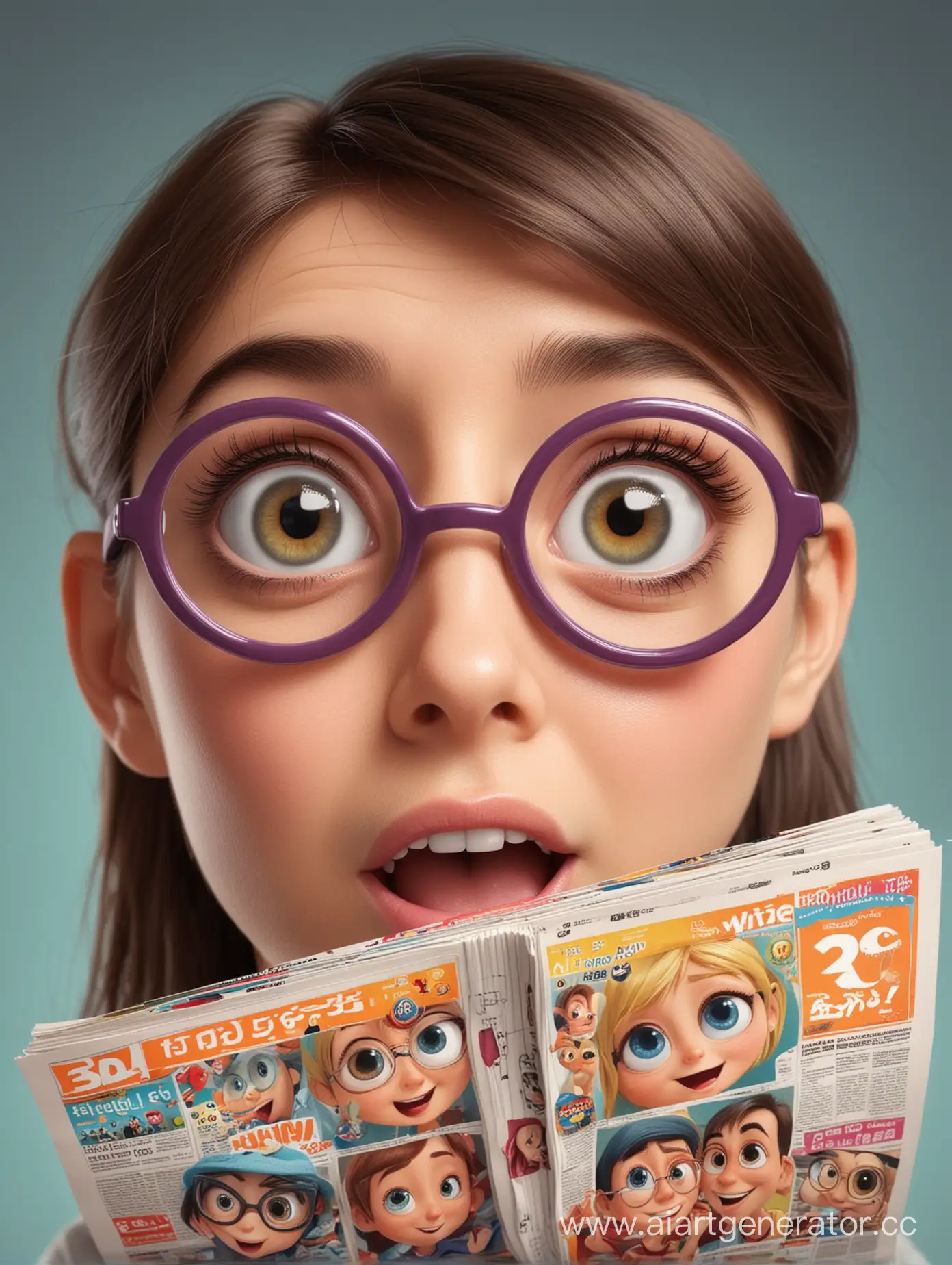 Different three cheerful cartoonish individuals with big eyes looking at magazine with 3d stereo pictures with fun. Ahogao eyes are looking at the magazine 3d stereo pictures. 