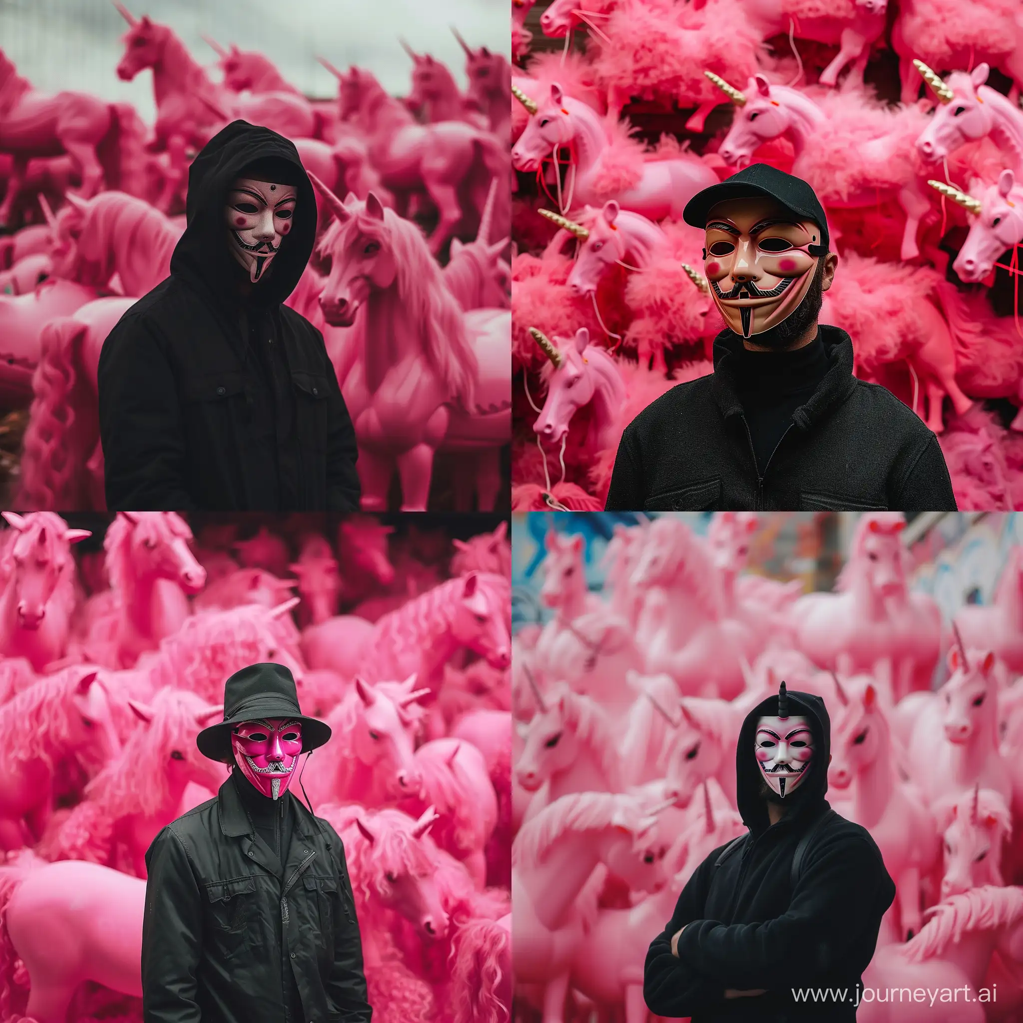 A man in Anonymous mask on a background of pink ponies