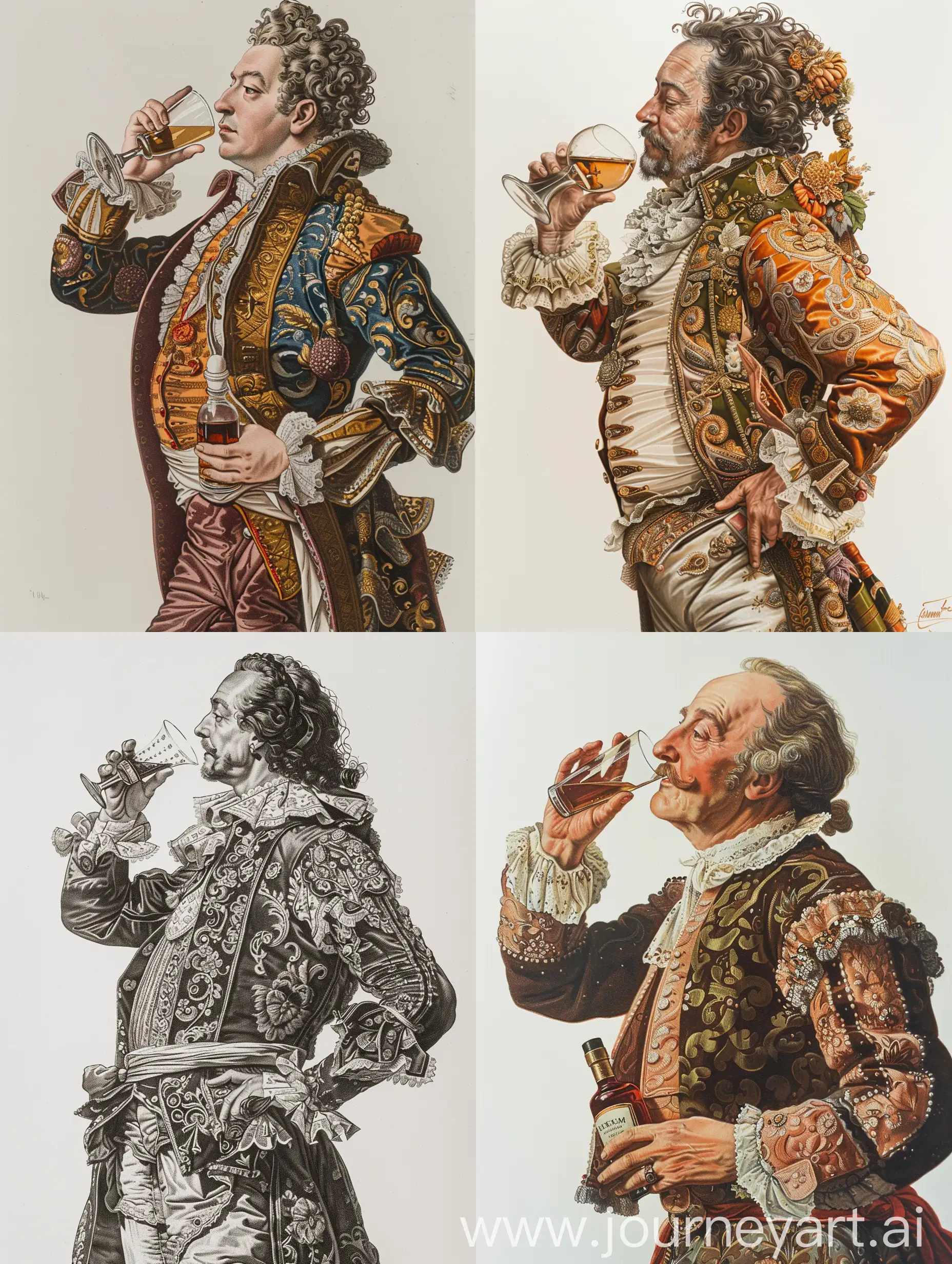 ornate portrait of an ancient Austrian courtier, in profile, with a glass in his hand, which he brings to his mouth, the other hand bent and holding a bottle of cognac near his waist, in very rich clothes, on a white background, the style of Arthur Rekham
