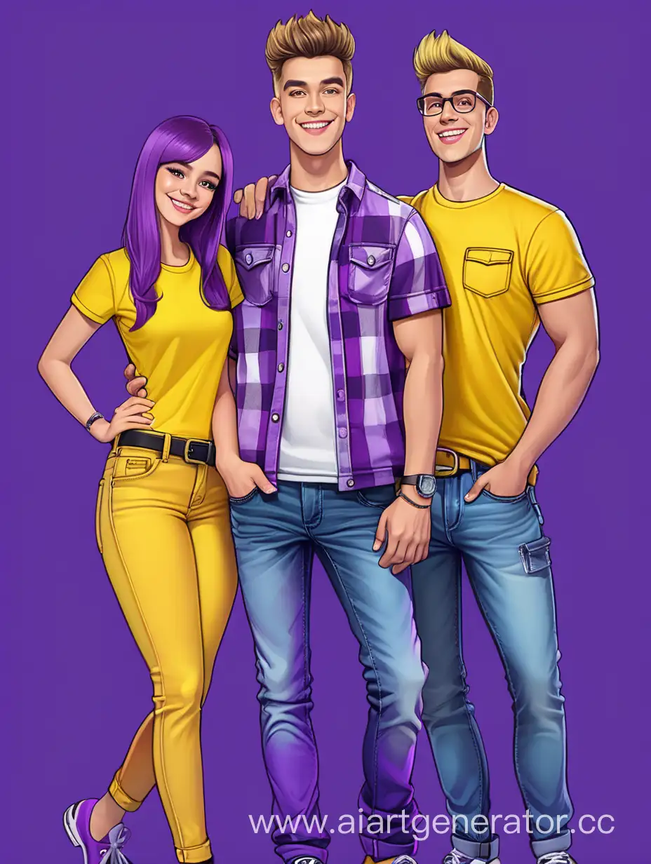 Молодые Веселые улыбчивые модные консультанты автозапчастей парень и девушка  в  желто фиолетовых тонах в джинсах футболке