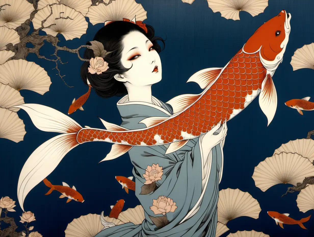 Takato Yamamoto Inspired Art Mystical Koi Fish with Fox Head