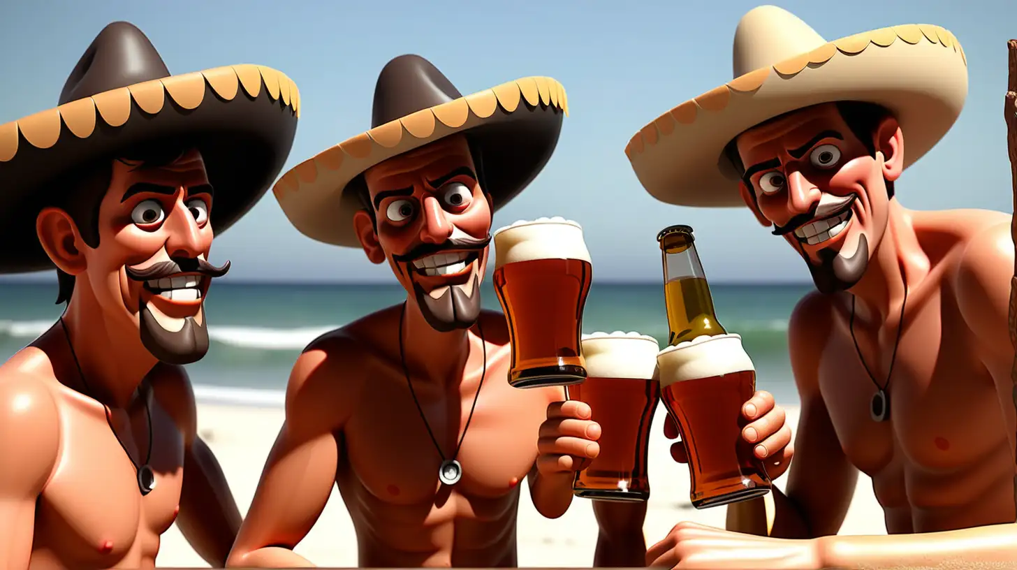 three guys drinking beer on a Mexican beach
