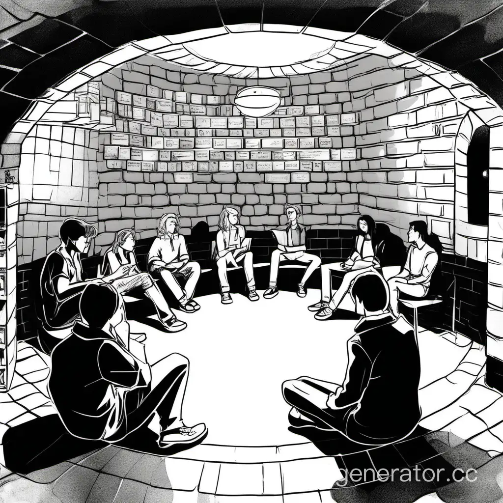 a drawing of hight school people sitting in a circle in a underground cafe brick walls and talking about philosophy 