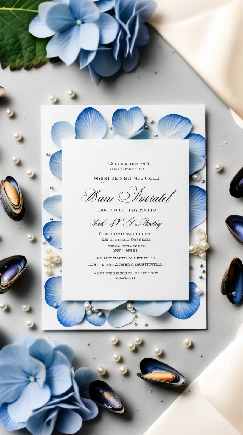 flatlay background with mussel shells, scattered tiny dust blue hydrangea petals, small scattered pearls, surrounding a 3 card wedding invitation suite