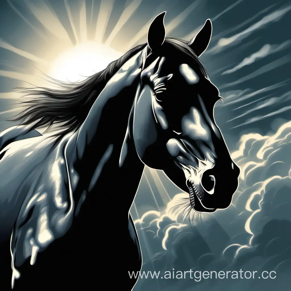 portrait of a horse, curved neck, the horse looks sadly into the sky, there are clouds in the sky, drawing, a glimpse of the sun in the clouds, muzzle down, beautiful shadows