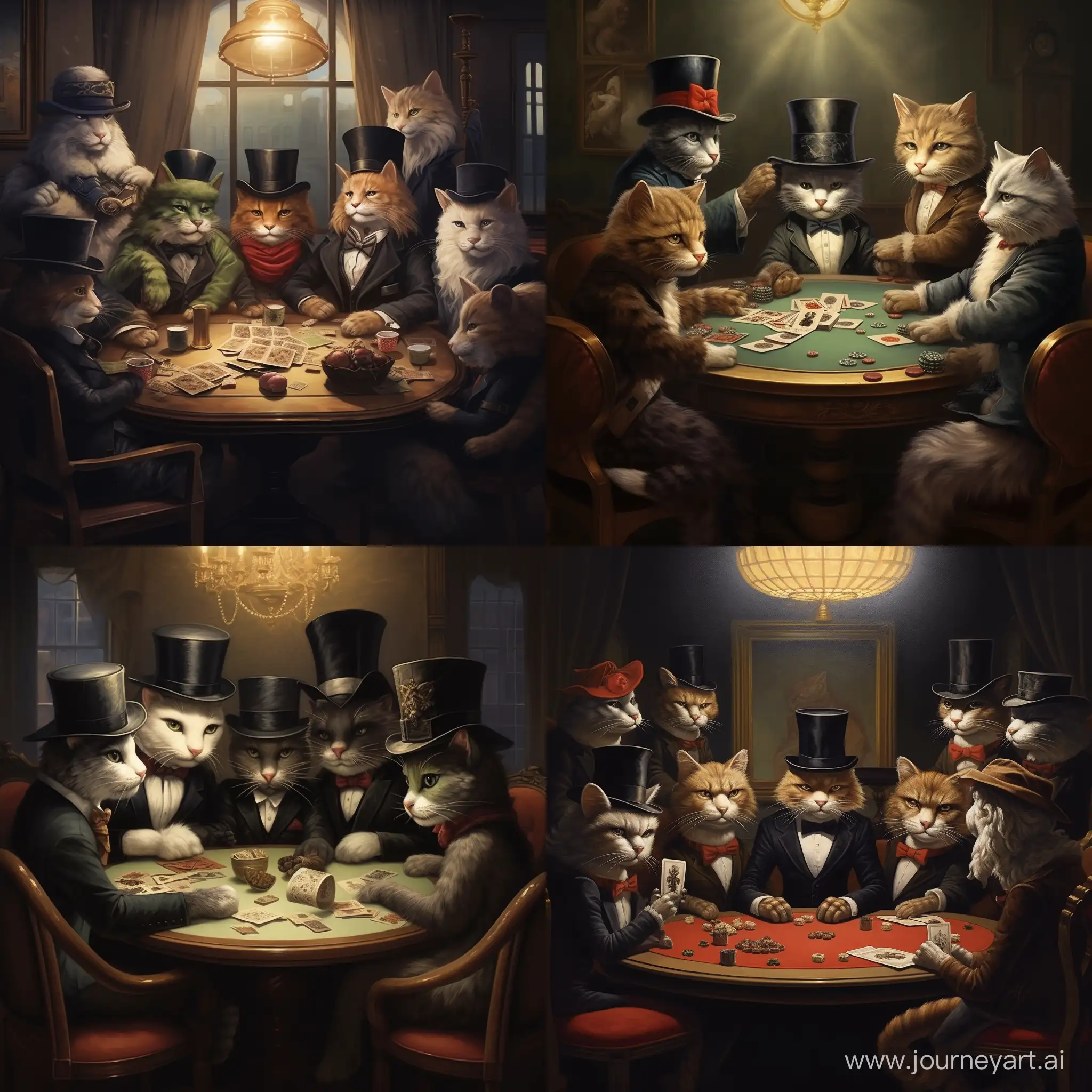 cats sitting at a round table wearing masks and hats and playing in table game