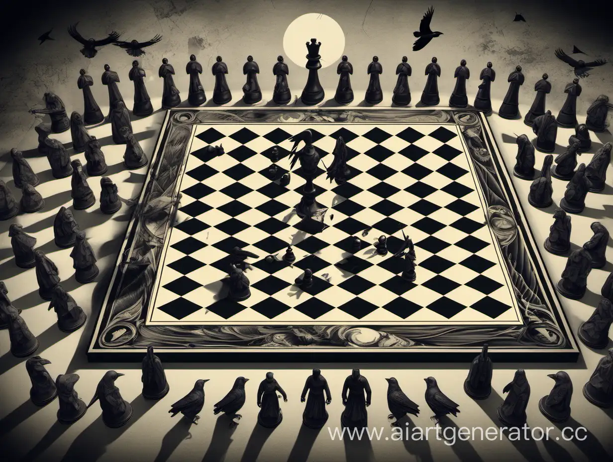 Шахматное поле , война, люди, пешки,  фигуры, безысходность, голубь мира. ворон кружит