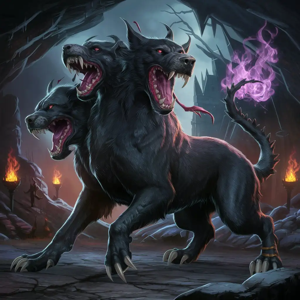 цербер, черная собака с тремя головами, адская гончая, фиолетовый огонь на конце хвоста, dnd, fantasy