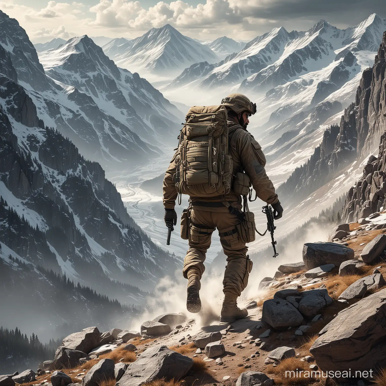 Illustration of an Army Special Forces soldier carrying out a mountain operation