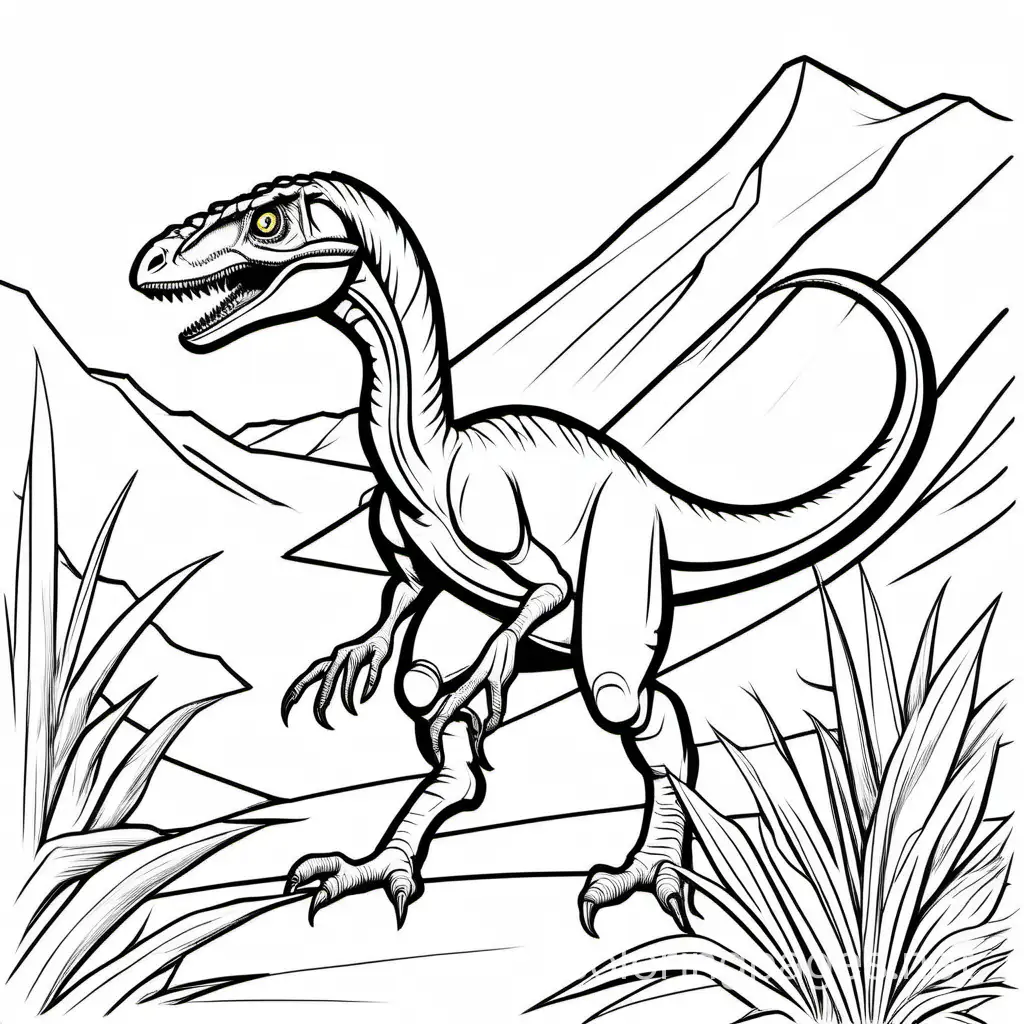 Velociraptor, Coloring Page, black and white, line art, white background, Simplicity, Ample White Space. The background of the coloring page is plain white to make it easy for young children to color within the lines. The outlines of all the subjects are easy to distinguish, making it simple for kids to color without too much difficulty, Coloring Page, black and white, line art, white background, Simplicity, Ample White Space. The background of the coloring page is plain white to make it easy for young children to color within the lines. The outlines of all the subjects are easy to distinguish, making it simple for kids to color without too much difficulty