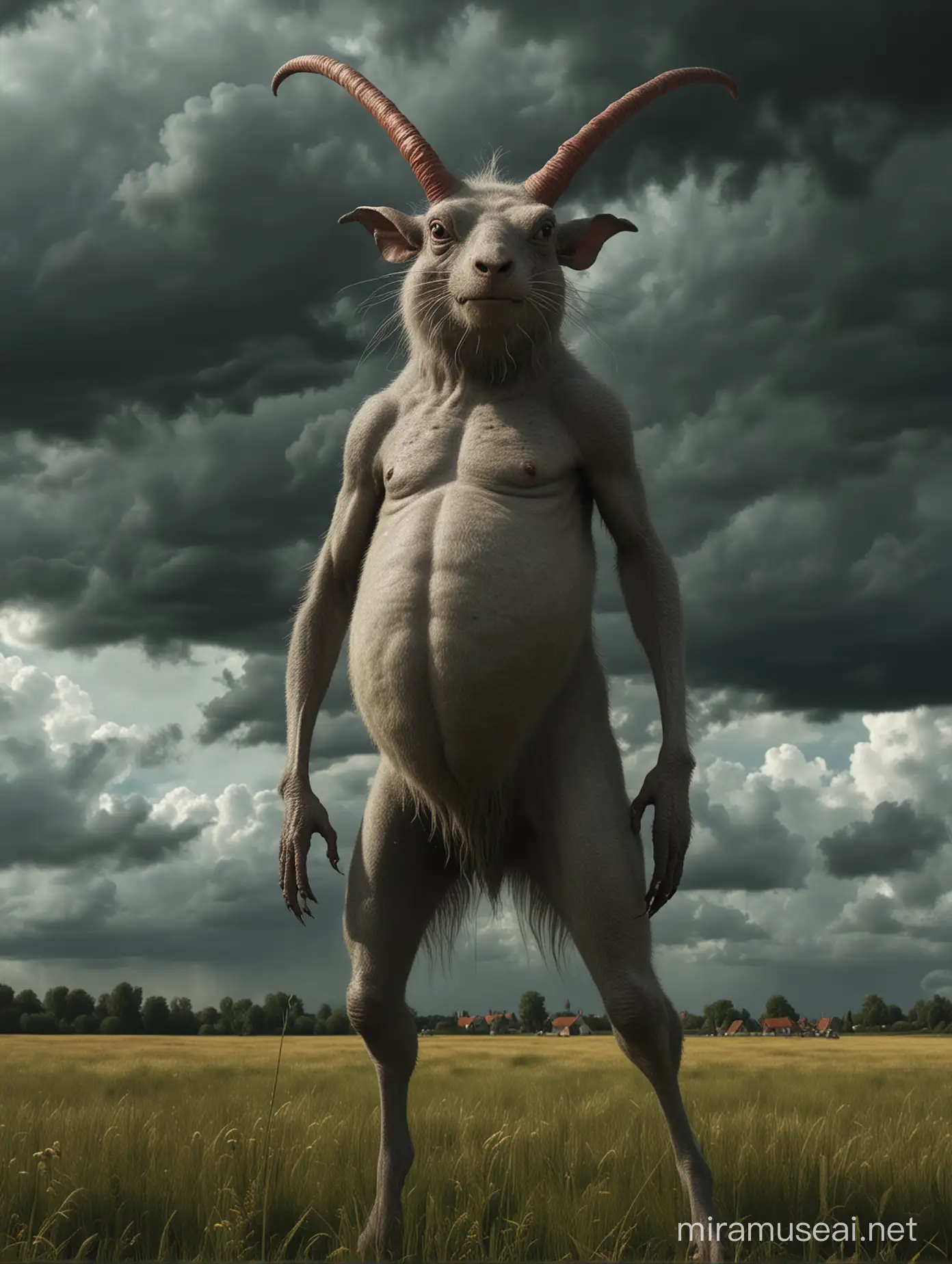 Photorealistic Hieronymus Bosch creature in a field, the sky is covered by dark clouds