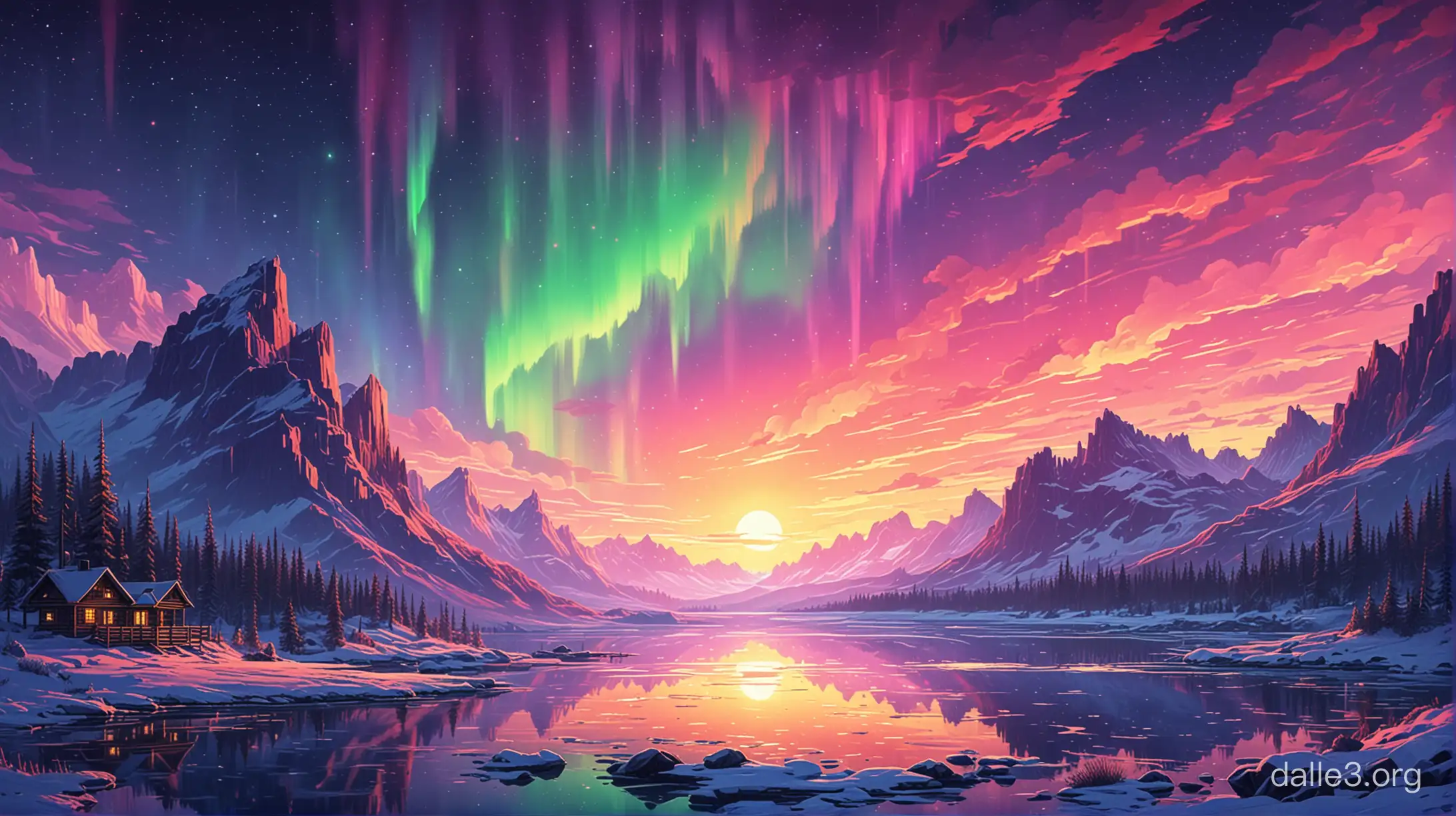 a breathtaking fantasy combination of the northern lights and a beautiful sunset in pixel art style