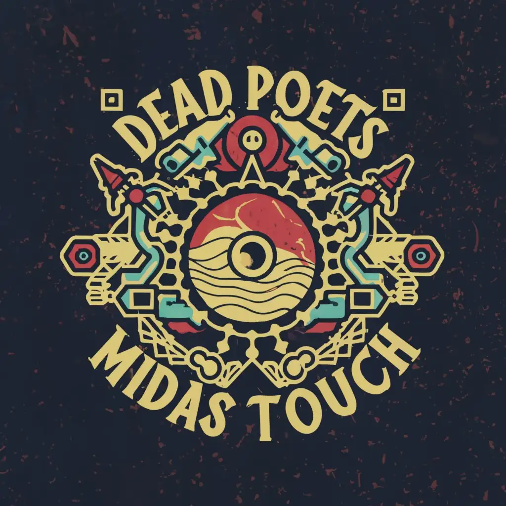 a logo design,with the text 'DeadPoets Midas Touch', main symbol:RAP Modern HipHop Vibes Dead Poets OKC aliens Zombies Devils Dark Red Blue,complex,be used in Entertainment industry,clear background
