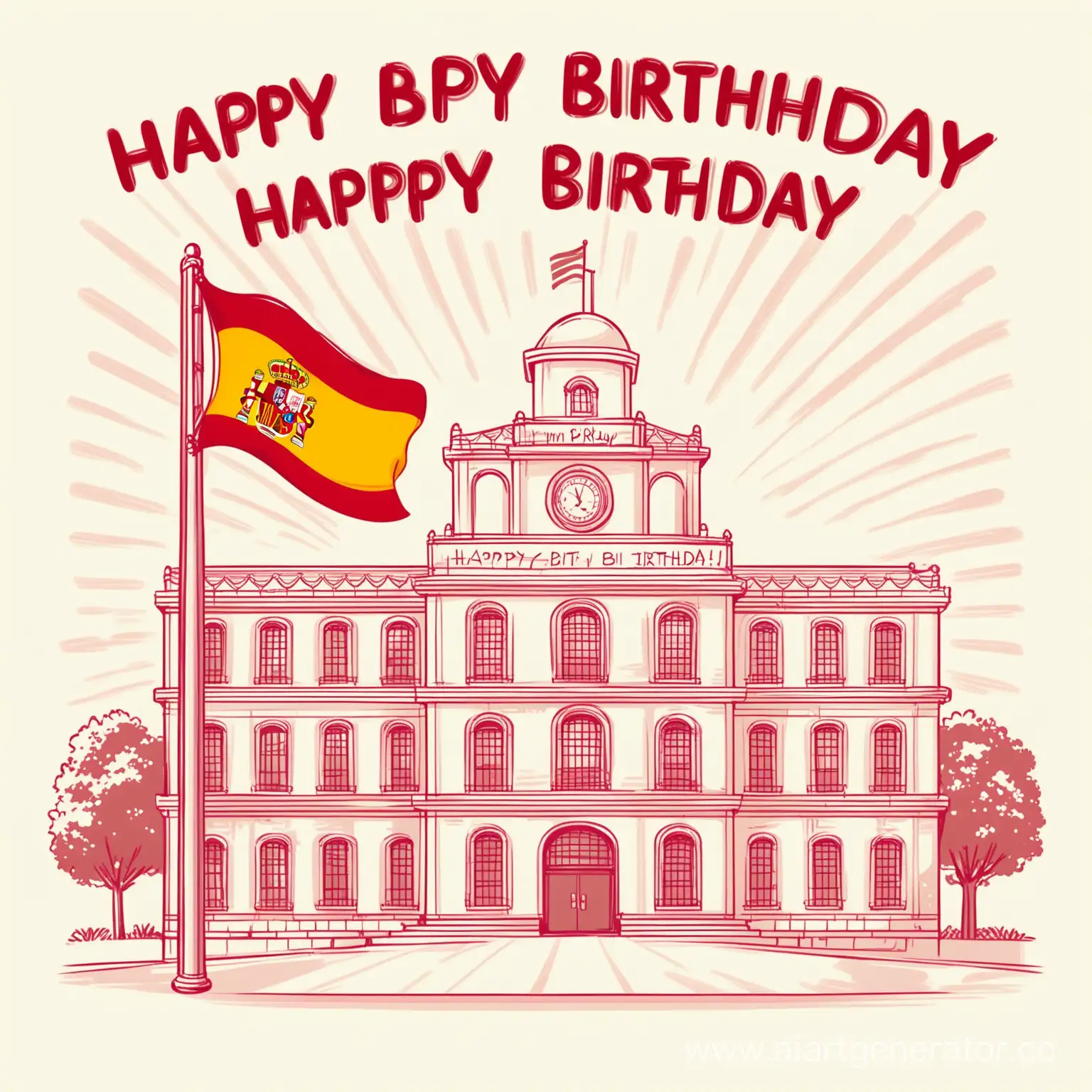 Мультяшный стиль, Черно-белая картинка: Школа с испанским флагом и на испанском надпись "С днем рождения"
