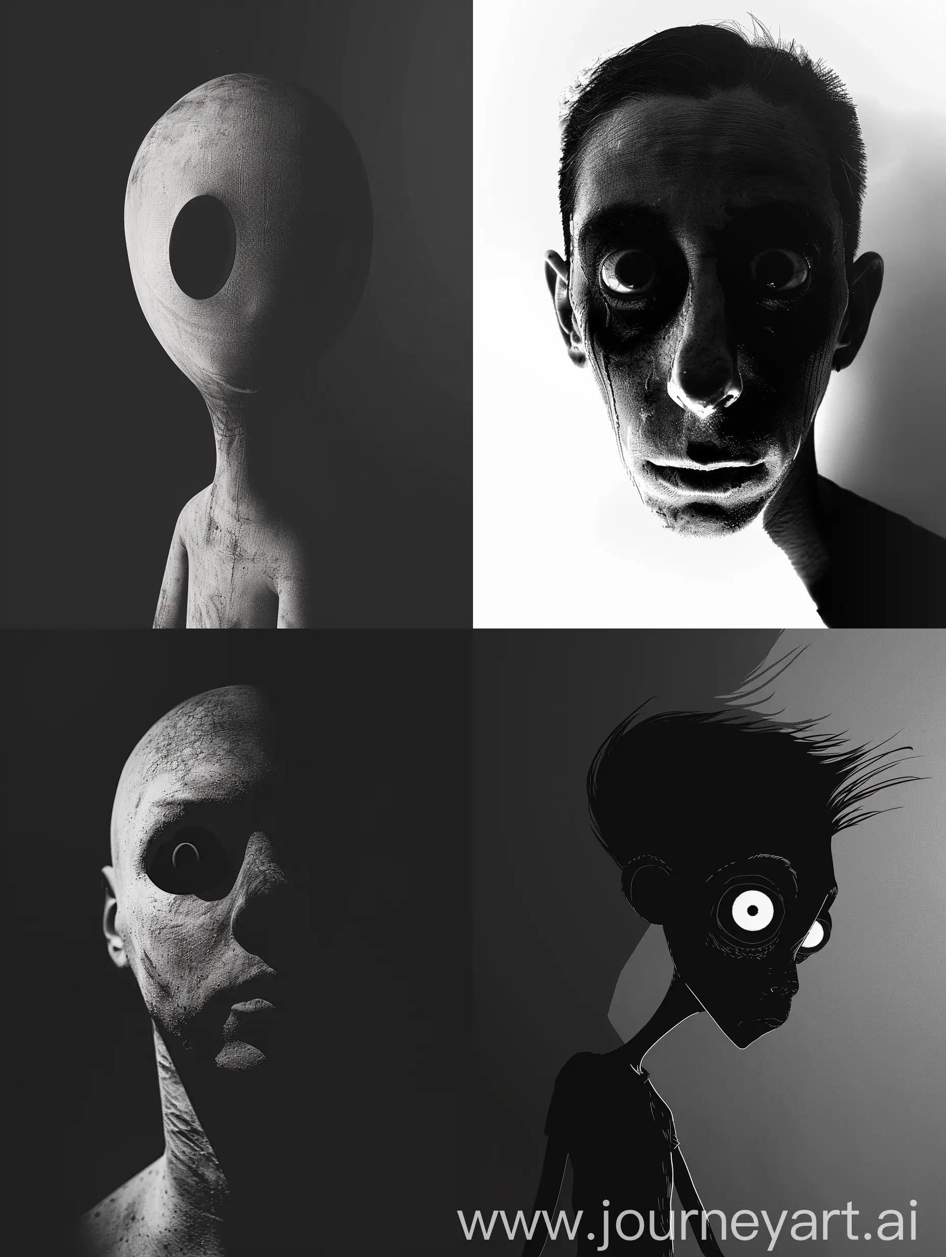 (Black&white style), monochrome, portrait, looking_at_view, (a shadow), nohuman, ( black cartoon eyse), horror theme, (no background+), shadow of persone, ( avatar++), (avatar image+), straight pose, internet horror face, Mandela catalog+, ((no face)), (eyes_on_shadow),