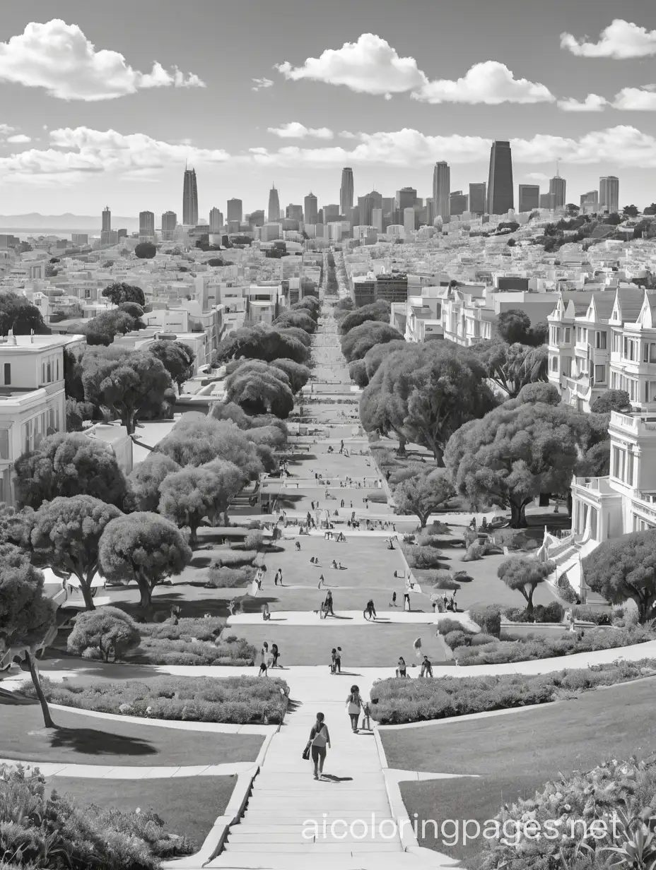 dolores park in san francisco on a sunny day, Coloring Page, black and white, line art, white background, Simplicity, Ample White Space. The background of the coloring page is plain white to make it easy for young children to color within the lines. The outlines of all the subjects are easy to distinguish, making it simple for kids to color without too much difficulty