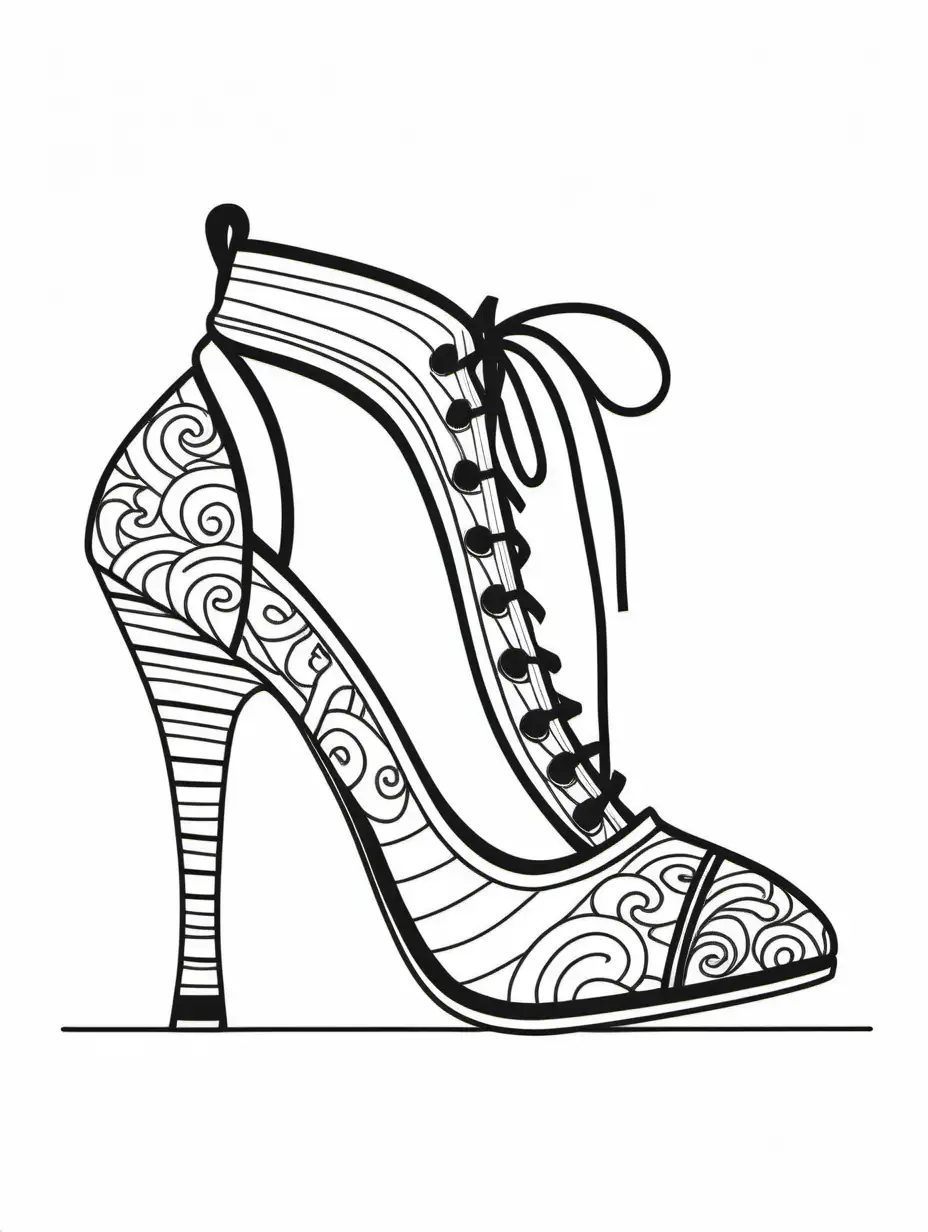 lace up heels for coloring book, cartoon style, black and white, thick black lines, show margins 