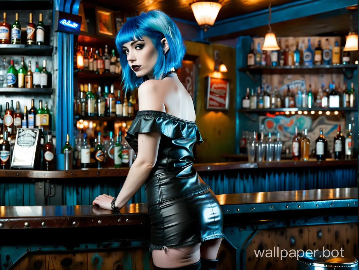 In the background is a dimly lit bar, lots of atmosphere. Standing at the bar is a beautiful blue haired woman wearing a black leather off the shoulder top and short skirt. She has long shapely legs.