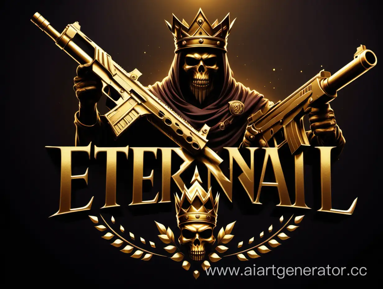 сгенерируй обложку для соц сетей  клана в темно золотом цвете с надписью Eternal Team на фоне два царя с автоматом минимализм