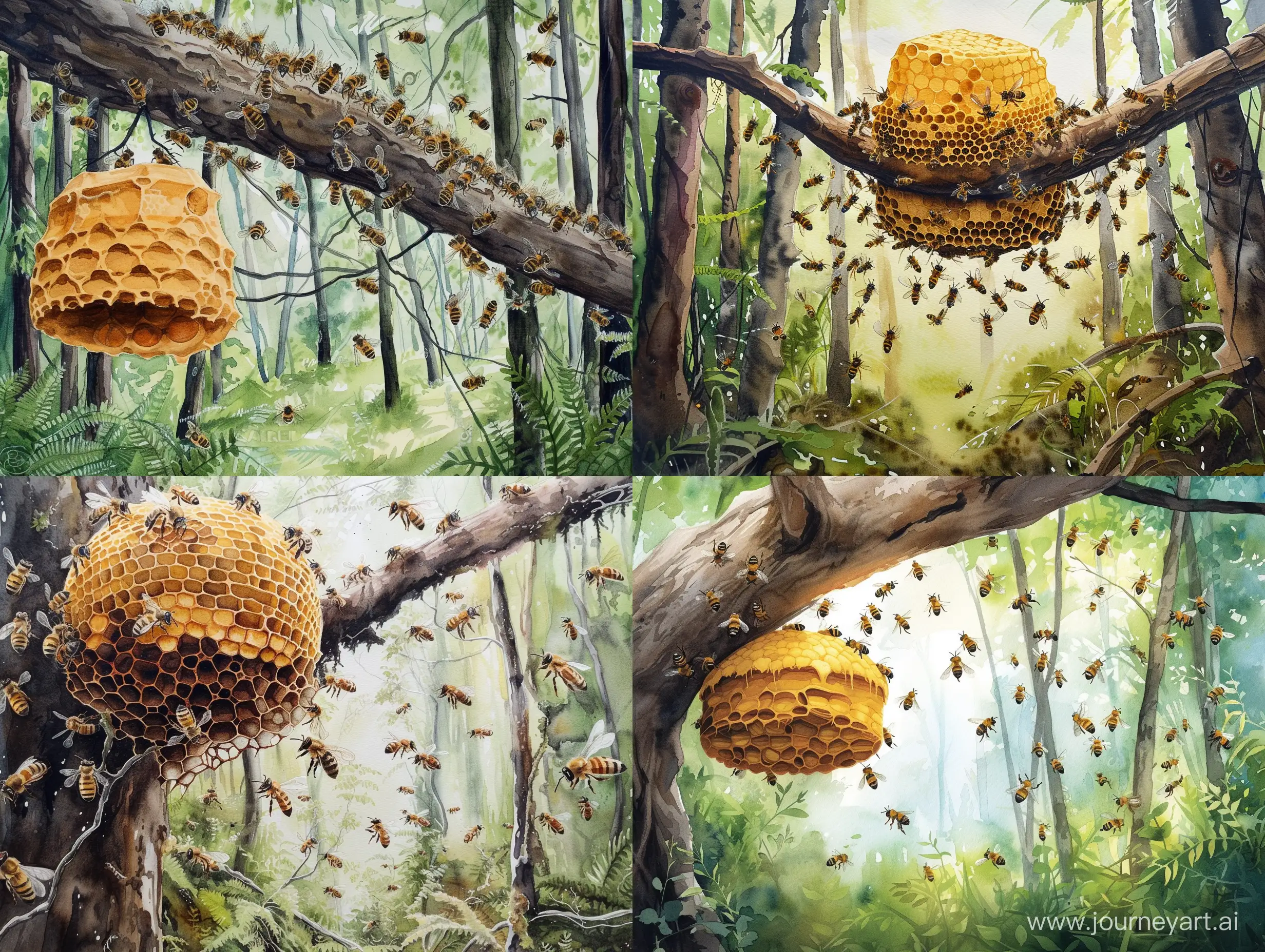 Висит улей на ветке дерева в лесу вокруг много пчел техника акварель 