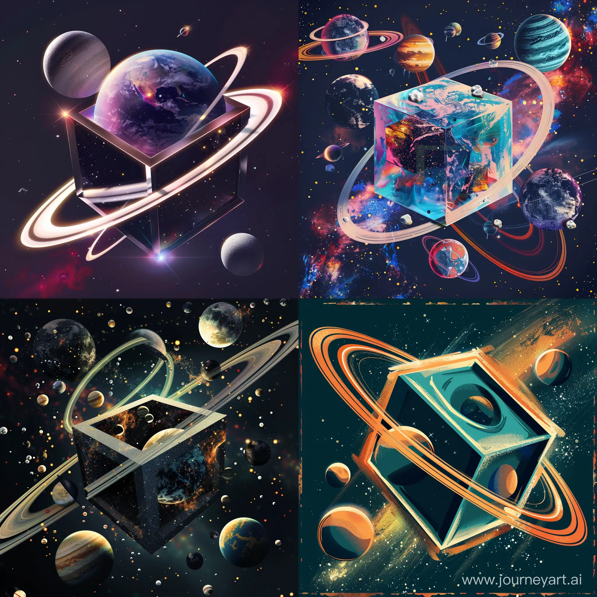 3D-Cube-and-Planets-with-Rings-Cosmic-Exploration-and-Geometric-Wonders