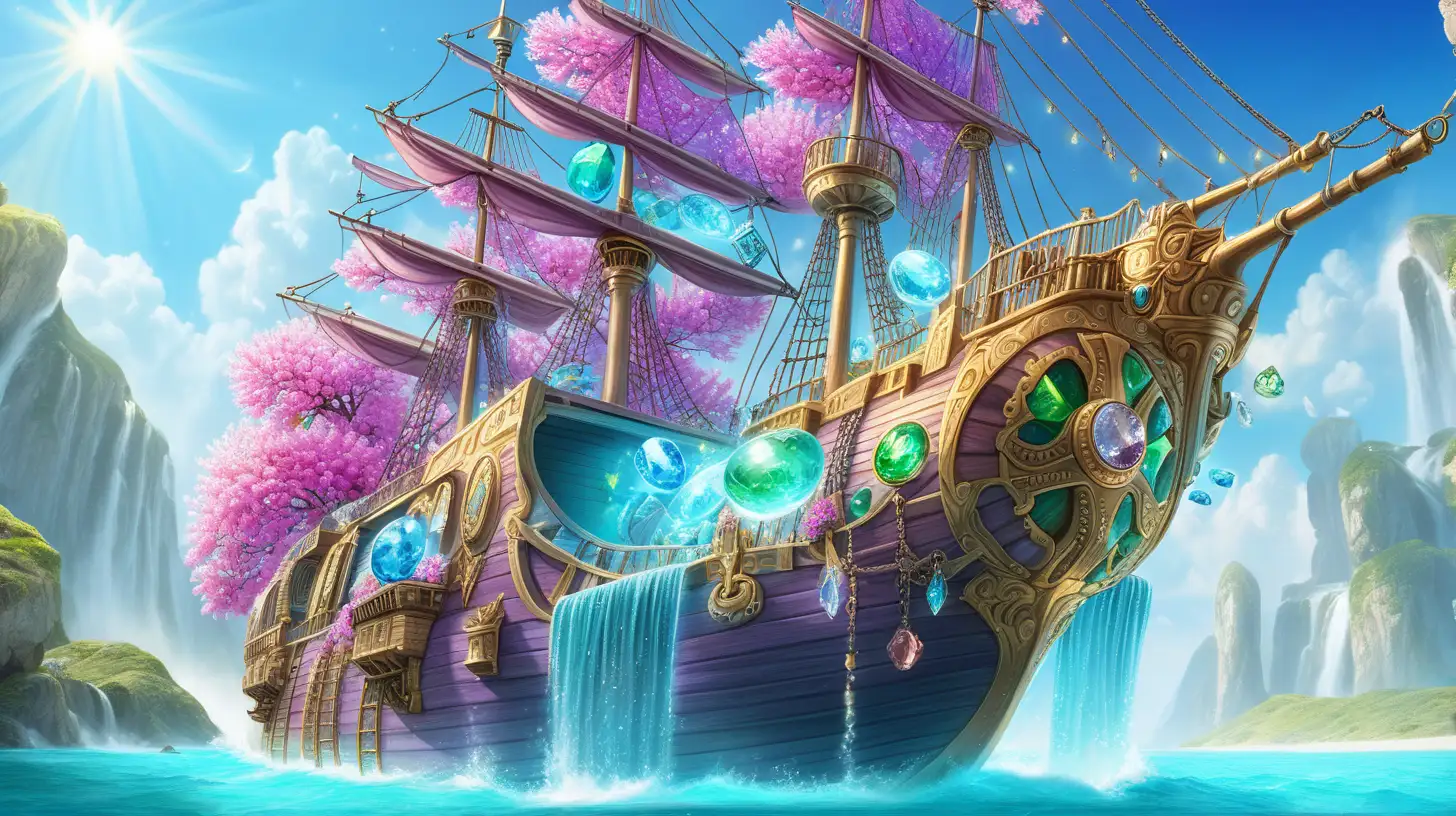 Magical Fairytale bright blue and purple and green waterfall and gold and gemstones and treasure chests and bright-pink flowers-growing on an old-giant flying ship with bright sunny sky